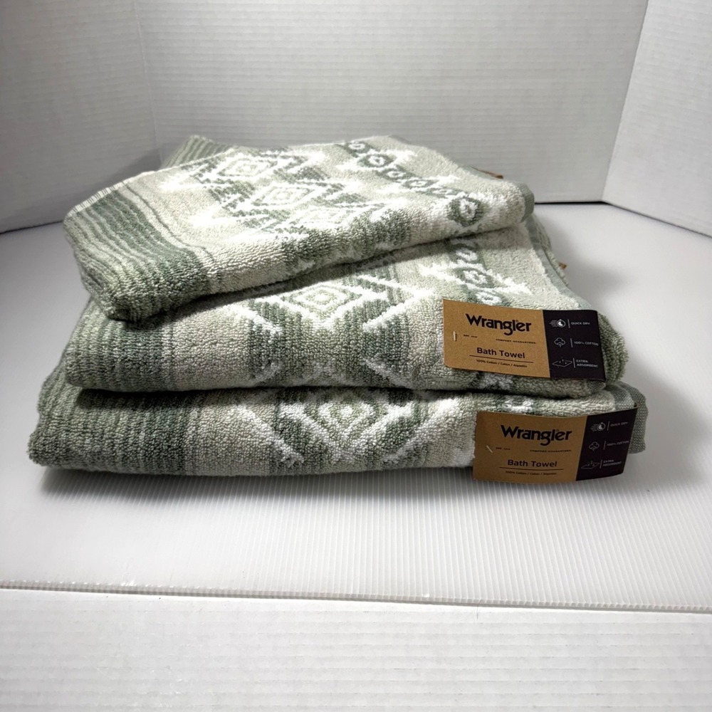 Wrangler 2 Bath Towels And Hand Towel Set, NWT Jericho Green Aztec Western